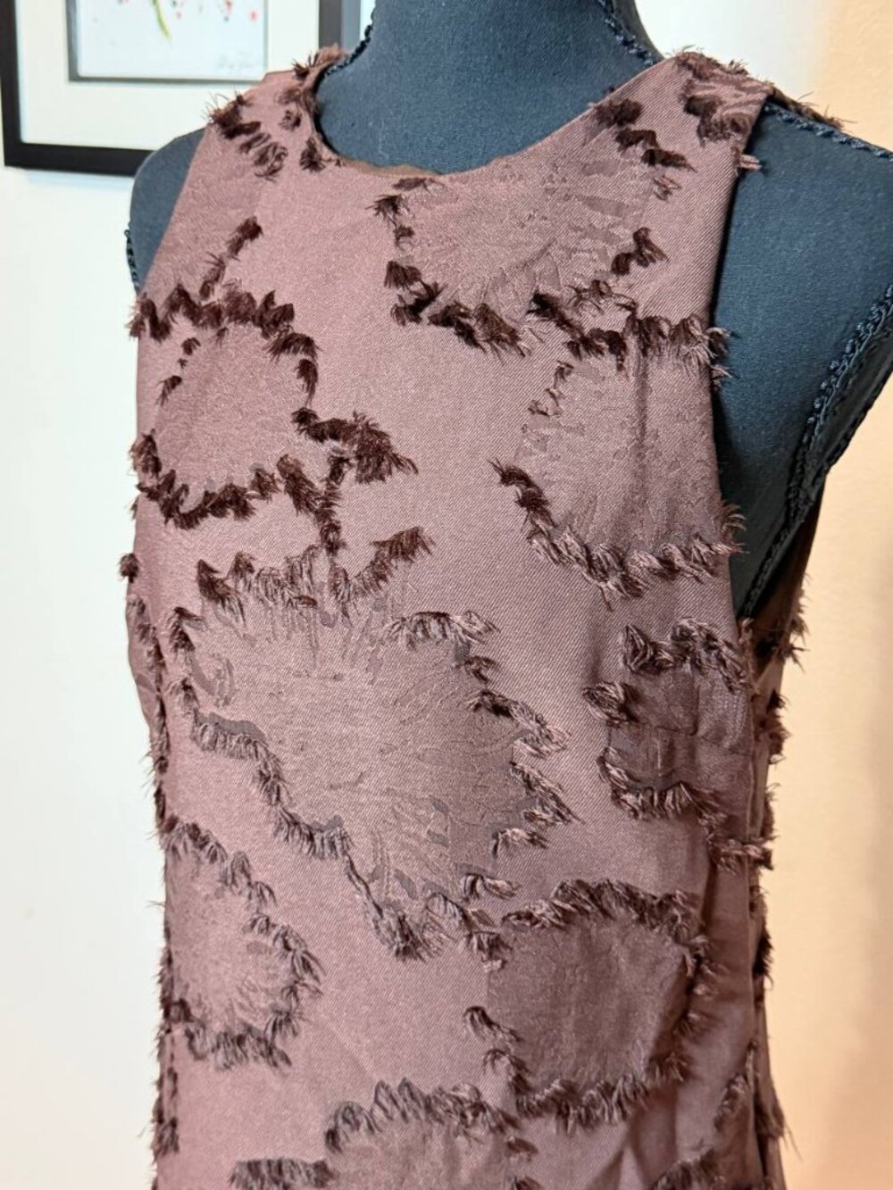 Zara Chocolate Brown Fringe Textured Mini Shift Dress 60s Mod Retro Boho Chic M - Picture 3 of 7